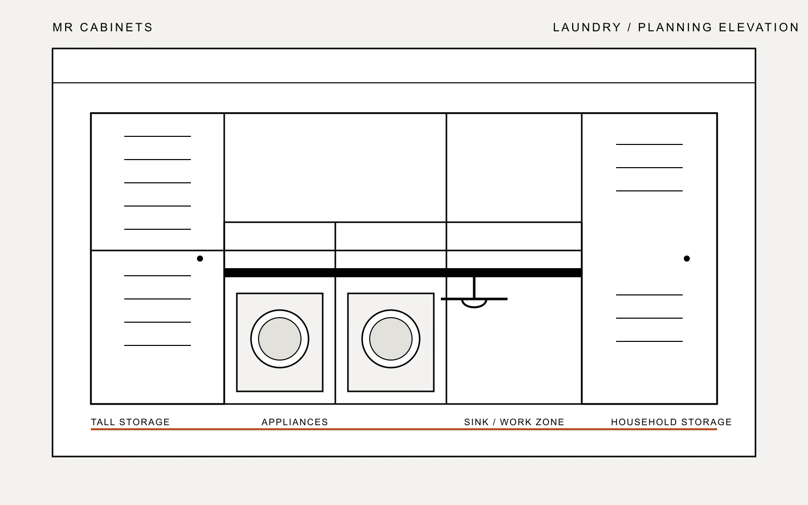 Schematic elevation of custom laundry cabinetry planned around appliances
